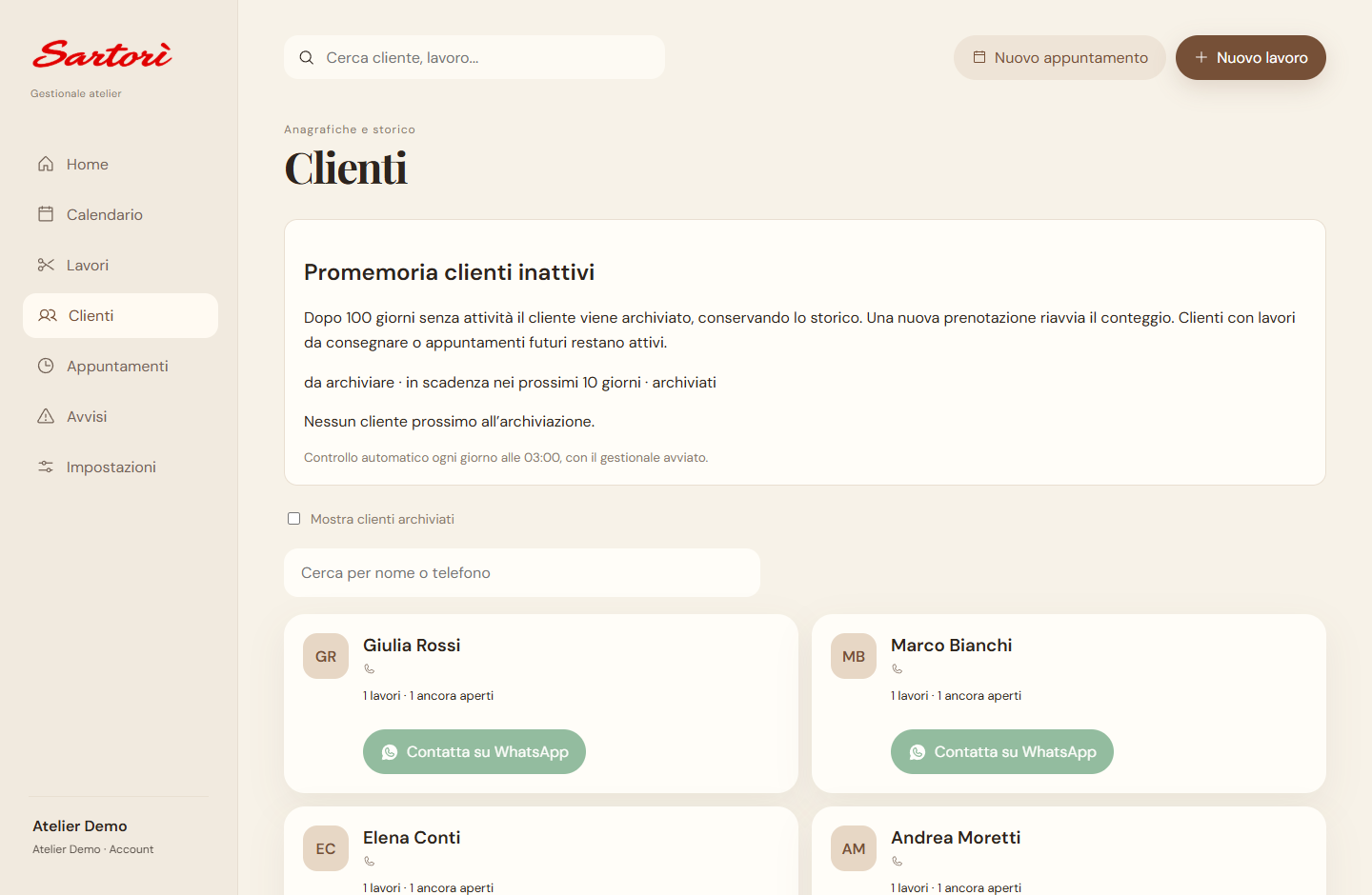 Sezione clienti con ricerca e schede anagrafiche